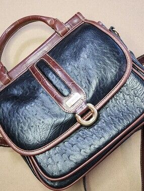 Vintage Carryland  Ostrich Embossed Purse Satchel/ Crossbody Bag Black Brown Moc